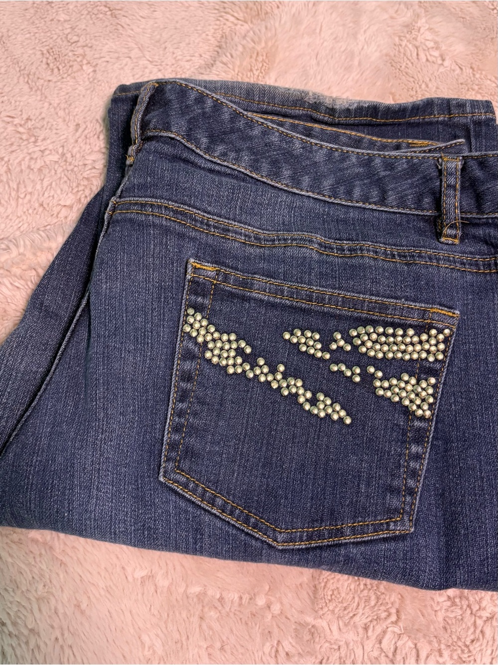 Dark Blue Boot Cut Jeans with Gold Stud Pocket